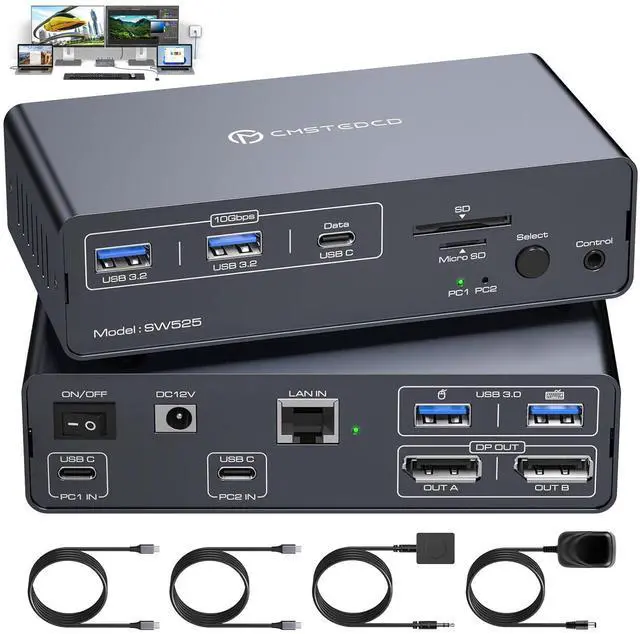 Hitoor 4K 120Hz USB C Docking Station with KVM Switch 2 Monitors 2 Computers Displayport USB 3.2 KVM Switches Dual Monitor for Dual Laptops Share a 1G Ethernet and SD/microSD Card Slots Wired Remote