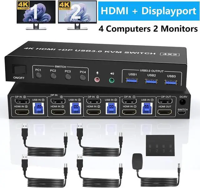 Hitoor 4K 60Hz Displayport + HDMI Dual Monitor KVM Switch for 4 Computers 2 Monitors USB 3.0 KVM Switch with Audio Microphone Output and 3 USB 3.0 Ports HDMI+DP Monitor Switch for 4 PCs 2 Monitor