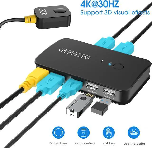Hitoor 4K HDMI KVM Switch 2 Port Switch Box USB and HDMI Switch for 2 Computers Share Keyboard Mouse Printer and one HD Monitor Support UHD 4K 30Hz with Remote Controller and 2 KVM Cables