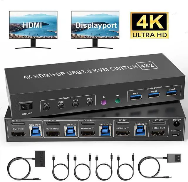 Hitoor 4K KVM Switch 2 Monitors 4 Computers Dual Monitor HDMI + Displayport USB 3.0 KVM Switches 4K 60Hz Support Extended/Mirror Mode Share 3 USB 3.0 Ports with Desktop Controller Adapter Included