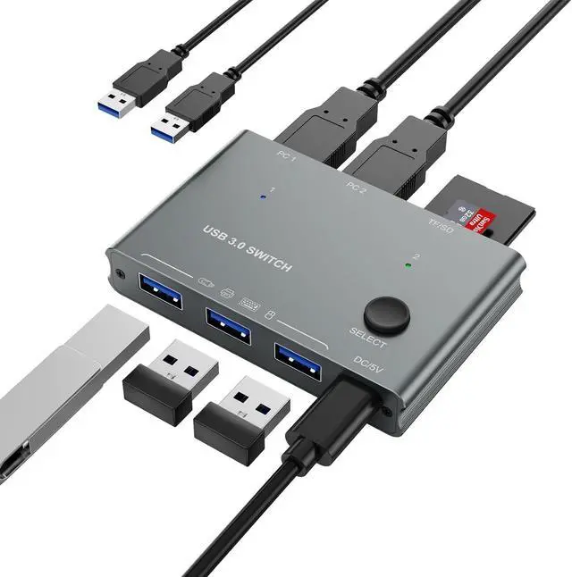 Hitoor 5Gbps USB 3.0 Switch 2 Computers Share 3 USB 3.0 Devices with TF Card Reading Function USB 3.0 Switcher Selector for PC Laptop Keyboard Mouse Webcam USB-Microphone with 2 USB A to A Cables