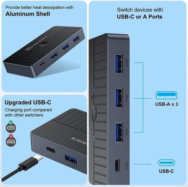 Hitoor 5Gbps USB 3.0 Switch For 2 Computers Share 4 USB Devices Peripheral USB Adapter USB Switch 2 In 4 Out For PC Printer Scanner Mouse Keyboard USB KVM Switch Compatible With Mac/Windows/Linux