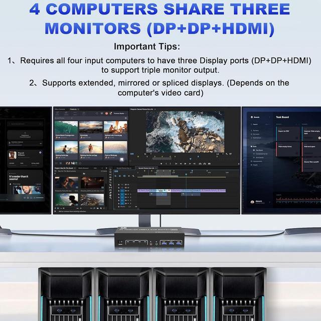 Hitoor 8K 60Hz 2 Displayport + HDMI USB3.0 KVM Switch 3 Monitors 4 Computers 2 DP 1.4 + HDMI2.1 Triple Monitor KVM Switch With Audio Microphone +3 USB3.0 Ports Triple Monitor Keyboard Mouse Switcher