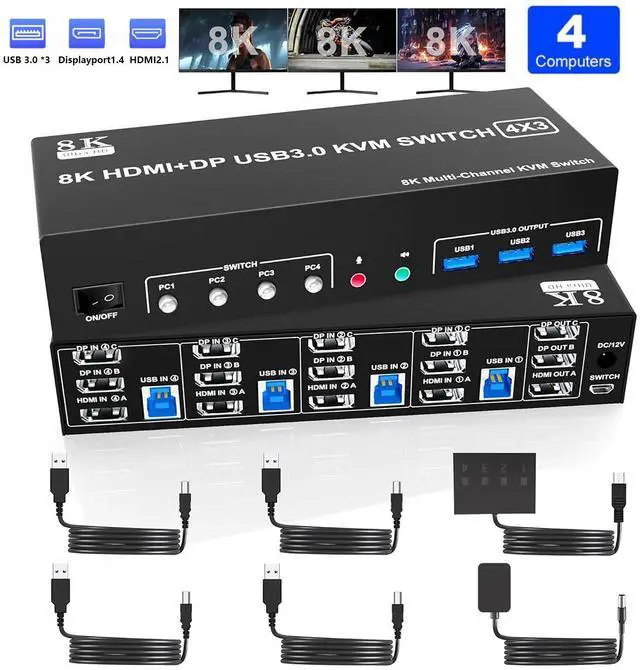 Hitoor 8K 60Hz 2 Displayport + HDMI USB3.0 KVM Switch 3 Monitors 4 Computers 2 DP 1.4 + HDMI2.1 Triple Monitor KVM Switch with Audio Microphone +3 USB3.0 Ports Triple Monitor Keyboard Mouse Switcher