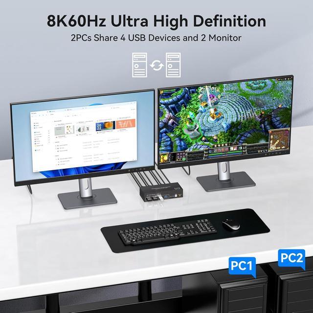 Hitoor 8K 60Hz/4K 120Hz Displayport KVM Switch 2 PC 2 Monitors USB 3.0 DP 1.4 KVM Switch For 2 Computers Share Dual Monitor And 4 USB Devices Supports Extended Mode And Copy Mode With Wired Remote