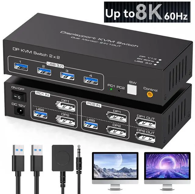 Hitoor 8K 60Hz/4K 120Hz Displayport KVM Switch 2 PC 2 Monitors USB 3.0 DP 1.4 KVM Switch for 2 Computers Share Dual Monitor and 4 USB Devices Supports Extended Mode and Copy Mode with Wired Remote