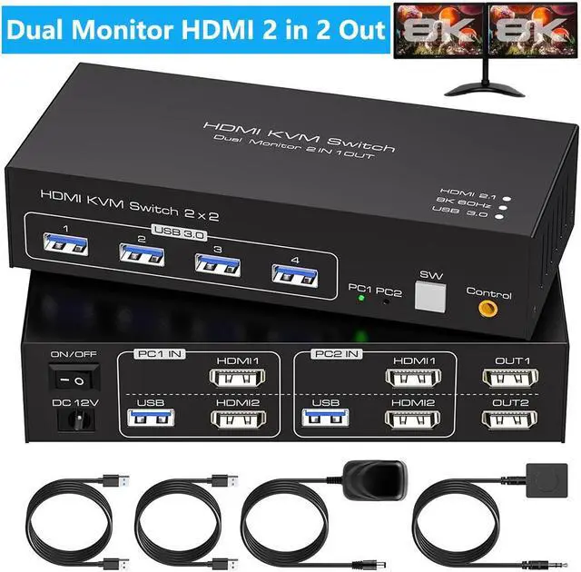 Hitoor 8K 60Hz 4K 120Hz HDMI KVM Switch 2 Monitors 2 Computers HDMI 2.1 Dual Monitor USB 3.0 KVM Switch allows 2 Computers Share 2 Monitors and 4 USB 3.0 Devices Support Extended & Copy Mode