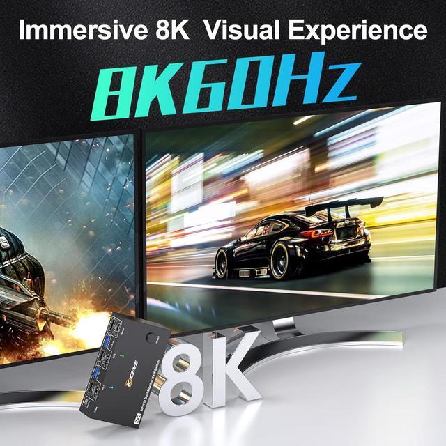 Hitoor 8K 60Hz/4K 144Hz Dual Monitor HDMI DP KVM Switch Displayport + HDMI Dual Monitor KVM Switch For 2 Computers Share 2 Monitors 4 USB 3.0 Devices Includes Remote Control & 12V Power Adapter