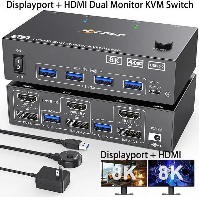 Hitoor 8K 60Hz/4K 144Hz Dual Monitor HDMI DP KVM Switch Displayport + HDMI Dual Monitor KVM Switch for 2 Computers Share 2 Monitors 4 USB 3.0 Devices Includes Remote Control & 12V Power Adapter