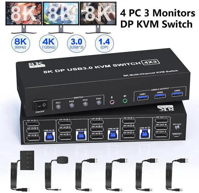 Hitoor 8K 60Hz 4x3 DisplayPort KVM Switch 3 Monitors 4 Computers 4K 144Hz DP 1.4 KVM Switch Triple Monitor for 4 Computer with Audio and 3 USB 3.0 Ports KVM Triple Monitor Keyboard Mouse Switcher