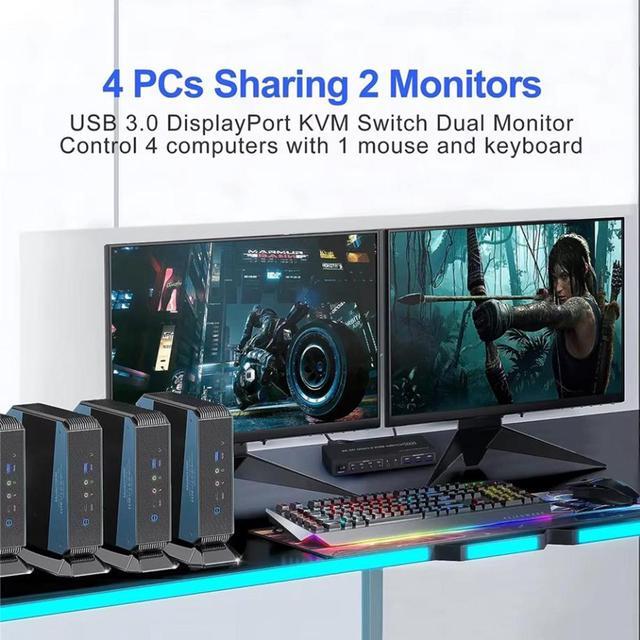 Hitoor 8K 60Hz Ddisplayport USB 3.0 KVM Switch With Audio Output And 3 USB 3.0 Ports 4x2 Dual Monitor 4K 144Hz Extended Display Displayport KVM Switches 4 In 2 Out For 4 PC Share Keyboard Mouse