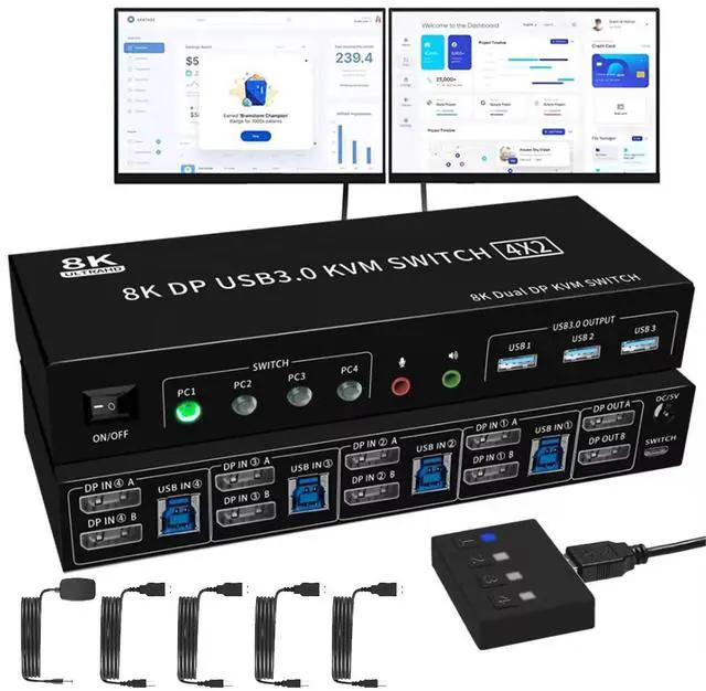Hitoor 8K 60Hz Ddisplayport USB 3.0 KVM Switch with Audio Output and 3 USB 3.0 Ports 4x2 Dual Monitor 4K 144Hz Extended Display Displayport KVM Switches 4 In 2 Out for 4 PC Share Keyboard Mouse