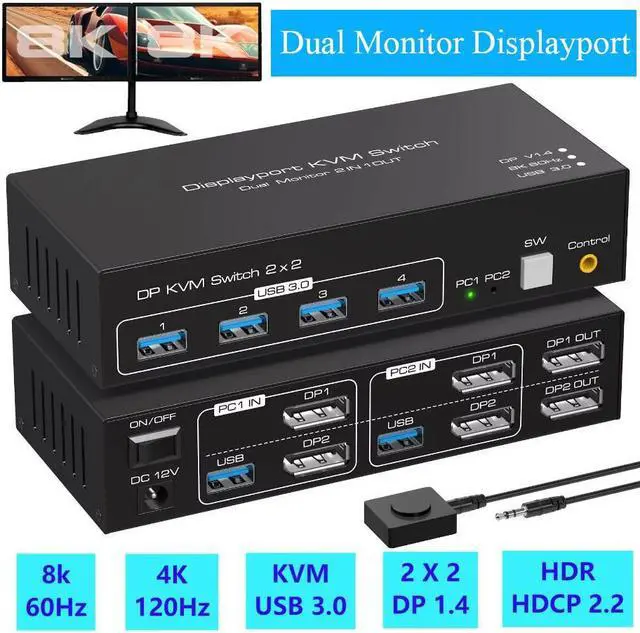 Hitoor 8K 60Hz Displayport KVM Switch 2 Monitors 2 Computers USB 3.0 DP KVM switches for 2 computers share Dual monitors and 4 USB devices Support 4K 120Hz DP 1.4 with External Kit and 12V DC adapter