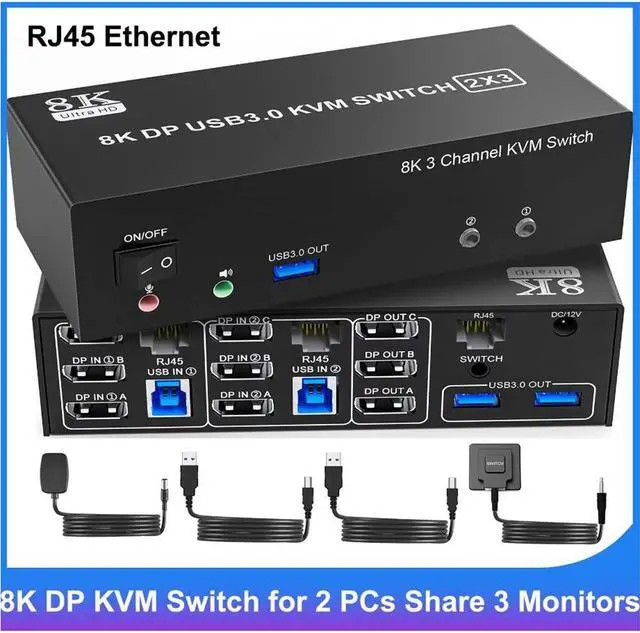 Hitoor 8K 60Hz Displayport KVM Switch 3 Monitors 2 Computers 4K 144Hz DP1.4 KVM Switches Triple Monitor for 2 PCs Share 3 Monitors RJ45 Ethernet Splitter 1 to 2 Audio Mic Port and 3 USB 3.0 Ports