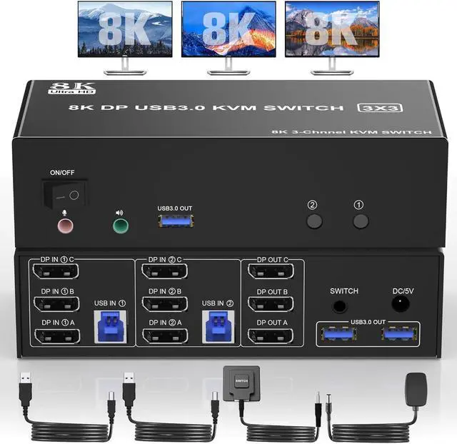 Hitoor 8K 60Hz Displayport KVM Switch Triple Monitor for 2 Computer USB 3.0 DP KVM Switch 3 Monitors 2 Computers with Audio and 3 USB 3.0 Ports Displayport KVM Triple Monitor Keyboard Mouse Switcher