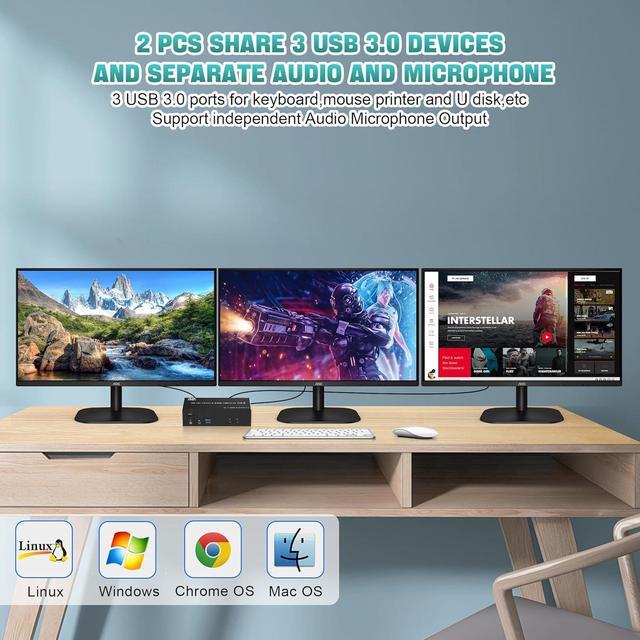 Hitoor 8K 60Hz Displayport Triple Monitors KVM Switch 4K 144Hz DP 1.4 USB 3.0 KVM Switch 2 PC 3 Monitors DP KVM Switches For 3 Computers 3 Monitors With Audio Microphone Output And 3 USB 3.0 Ports