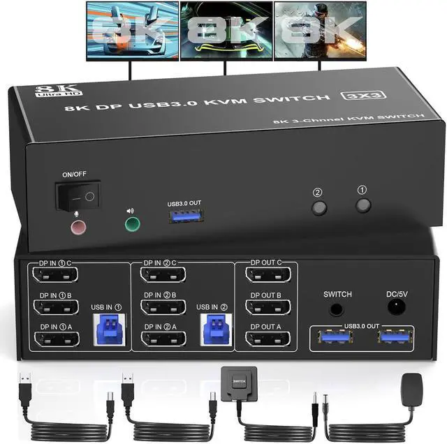 Hitoor 8K 60Hz Displayport Triple Monitors KVM Switch 4K 144Hz DP 1.4 USB 3.0 KVM Switch 2 PC 3 Monitors DP KVM Switches for 3 Computers 3 Monitors with Audio Microphone Output and 3 USB 3.0 Ports