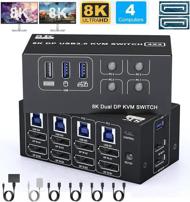 Hitoor 8K 60Hz Displayport USB 3.0 KVM Switch 2 Monitors for 4 Computers 8K 60Hz 4K 144Hz DP1.4 Dual Monitor Displayport KVM Switches 4 Port with 4 USB 3.0 Ports 8K DP Monitor Switch for 4 PCs
