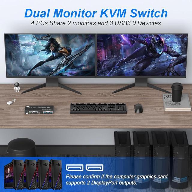 Hitoor 8K 60Hz Displayport USB 3.0 KVM Switchfor 4 Computers 2 Monitors 4K 144Hz DP1.4 Dual Monitor Displayport KVM Switch 4 Port With Audio Output And 3 USB 3.0 8K DP Monitor Switch For 4 PCs