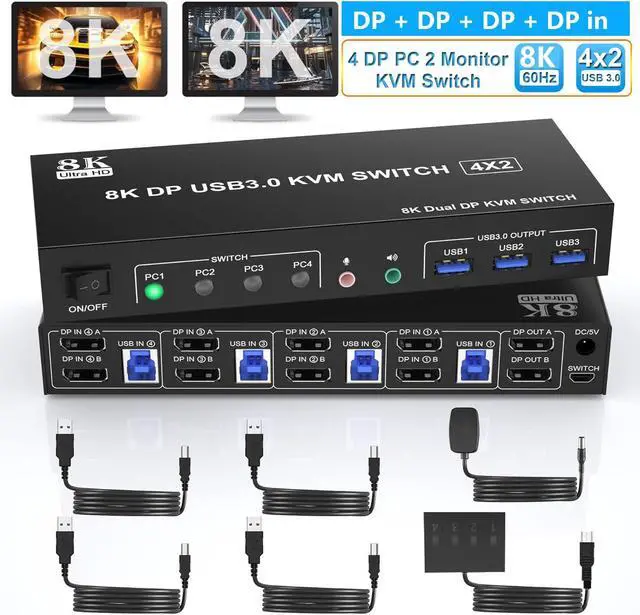Hitoor 8K 60Hz Displayport USB 3.0 KVM Switchfor 4 Computers 2 Monitors 4K 144Hz DP1.4 Dual Monitor Displayport KVM Switch 4 Port with Audio Output and 3 USB 3.0 8K DP Monitor Switch for 4 PCs