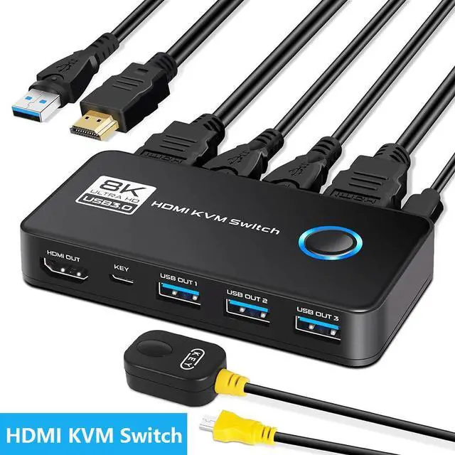 Hitoor 8K 60Hz HDMI 2.1 USB 3.0 KVM Switch for 1 Monitor 2 Computers with 3 USB 3.0 Ports for Sharing Monitor Keyboard Mouse Hard Drives and Printer Includes 2 HDMI & USB Cables and Controller