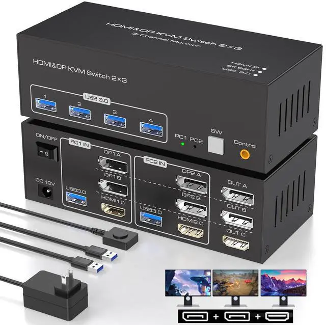 Hitoor 8K 60Hz HDMI+ 2 Displayport KVM Switch 3 Monitors 2 Computers 4K 120Hz Triple Monitor USB 3.0 KVM Switches for 2 PCs Sharing 3 Monitors and 4 USB 3.0 Devices Supports Extended and Copy Mode