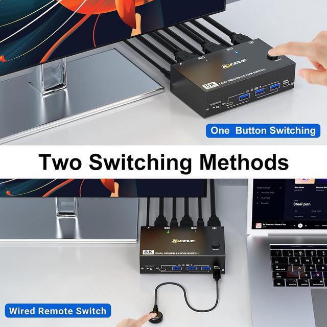 Hitoor 8K 60Hz HDMI KVM Switch 2 PC 2 Monitors Dual Monitor HDMI USB 3.0 KVM Switch Simulation EDID With 4 USB 3.0 HUB For Keyboard Mouse Wired Remote 12V Power Adapter And USB Cable Included