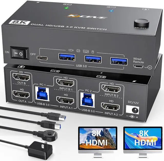 Hitoor 8K 60Hz HDMI KVM Switch 2 PC 2 Monitors Dual Monitor HDMI USB 3.0 KVM Switch Simulation EDID with 4 USB 3.0 HUB for Keyboard Mouse Wired Remote 12V Power Adapter and USB Cable Included