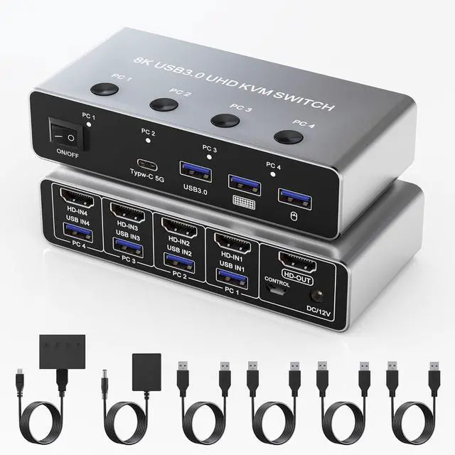 Hitoor 8K 60Hz HDMI KVM Switch 4 in 1 Out HDMI KVM Switcher for 4 Computers Share 1 Monitor with 4 USB 3.0 Ports Aluminum Housing Support Keyboard Mouse Printer with 4 USB Cables & Controller