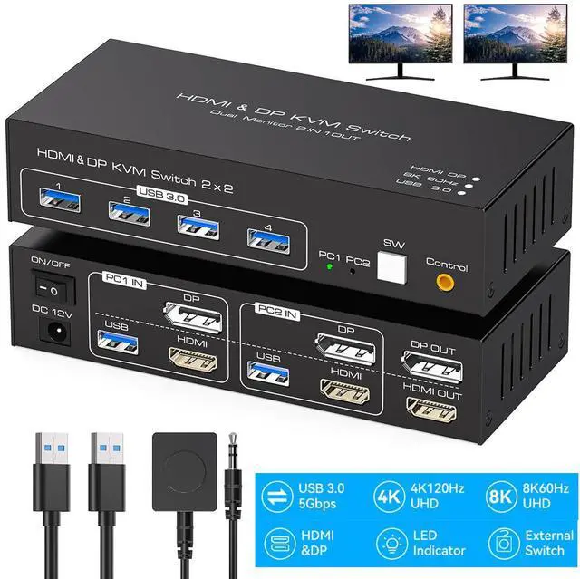 Hitoor 8K 60Hz KVM Switch 2 Monitors 2 Computers 4K 120Hz HDMI + Displayport Dual Monitor KVM Switches for 2 PC Share Mouse Keyboard and 2 Displays Support Extended/Copy Mode with Extended Controller
