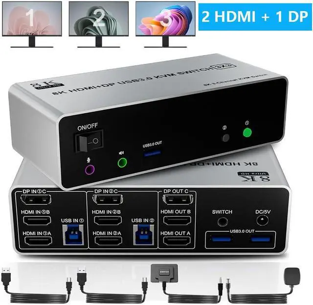Hitoor 8K 60Hz KVM Switch 3 Monitors 2 Computers 4K 144Hz 2 HDMI+Displayport Triple Monitor KVM Switch for 2 Computer Share 3 Monitor Audio Mic Port & 3 USB3.0 Devices Wired Remote&5V Power Adapter