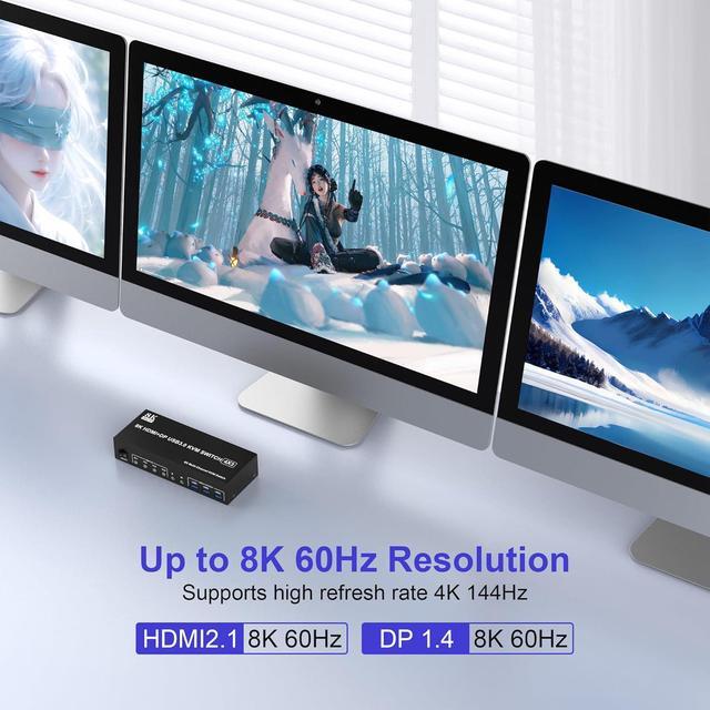Hitoor 8K 60Hz KVM Switch 3 Monitors 4 Computers 4K 144Hz 2 DisplayPort +1 HDMI KVM Switch Triple Monitor For 4 Computer With Audio And 3 USB 3.0 Ports 3 Monitor KVM Switches Keyboard Mouse Switcher