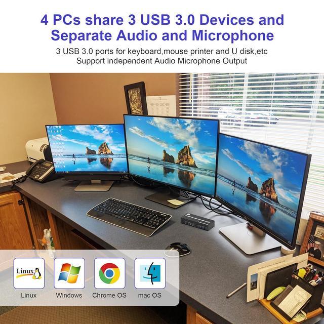 Hitoor 8K 60Hz KVM Switch 3 Monitors 4 Computers 4K 144Hz 2 DisplayPort +1 HDMI KVM Switch Triple Monitor For 4 Computer With Audio And 3 USB 3.0 Ports 3 Monitor KVM Switches Keyboard Mouse Switcher