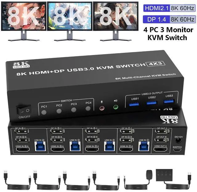 Hitoor 8K 60Hz KVM Switch 3 Monitors 4 Computers 4K 144Hz 2 DisplayPort +1 HDMI KVM Switch Triple Monitor for 4 Computer with Audio and 3 USB 3.0 Ports 3 Monitor KVM Switches Keyboard Mouse Switcher