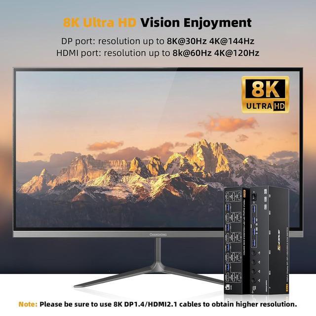 Hitoor 8K 60Hz KVM Switch 3 Monitors 4 Computers HDMI + 2 Displayport KVM Switch Triple Monitor For 4 Computers Sharing 3 Monitors & 4 USB Devices With Wired Remote Power Supply & 4 USB 3.0 Cables