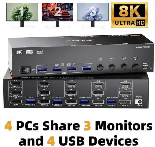 Hitoor 8K 60Hz KVM Switch 3 Monitors 4 Computers HDMI + 2 Displayport KVM Switch Triple Monitor for 4 Computers Sharing 3 Monitors & 4 USB Devices with Wired Remote Power Supply & 4 USB 3.0 Cables