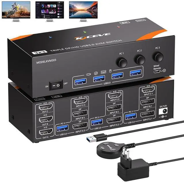 Hitoor 8K 60Hz KVM Switch 3 PCs 3 Monitors Triple Monitors KVM Switch 4K 144Hz for 3 Computers that Share 3 Monitors and 4 USB 3.0 Devices Includes Power Supply Wired Remote Control and USB Cables