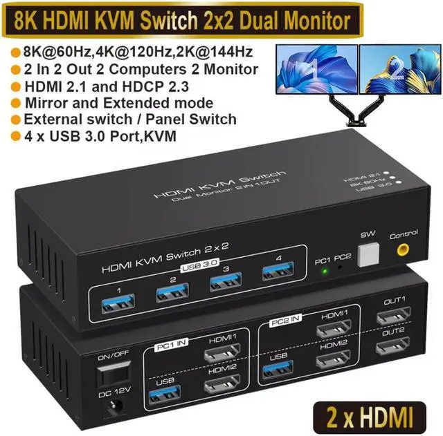Hitoor 8K 60Hz KVM Switch HDMI 2 in 2 Out HDMI KVM Switch for 2 Computers Share 2 Monitors and 4 USB 3.0 port 4K 120Hz Dual Monitor HDMI USB KVM Switch Desktop Controller and 2 USB Cable Included