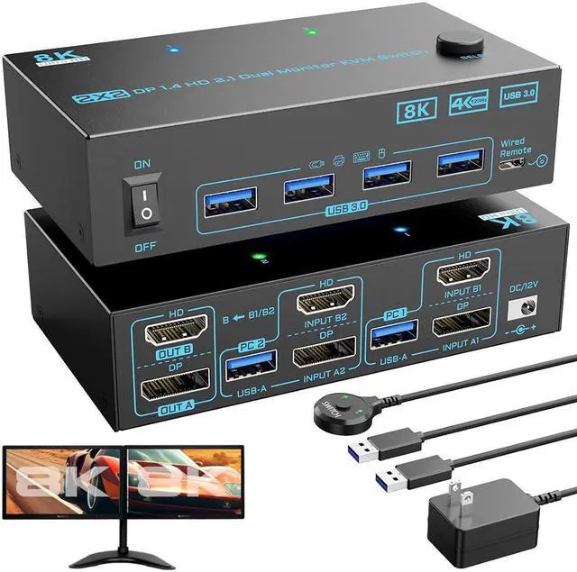 Hitoor 8K Displayport 1.4 + HDMI 2.1 Dual Monitor KVM Switch 2 Monitors 2 Computers 2 in 2 Out 2 Ports HDMI + DP KVM Switches Support 8K 60Hz/4K 144Hz for 2 PCs Share 2 Screens and 4 USB 3.0 Devices
