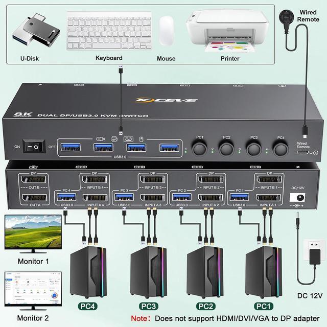 Hitoor 8K DisplayPort KVM Switch 2 Monitors 4 Computers Dual Monitor KVM Switch Displayport USB 3.0 Support 8K 30Hz 4k 144Hz For 4 Computer Share 2 Display Wired Remote And USB Cables Included