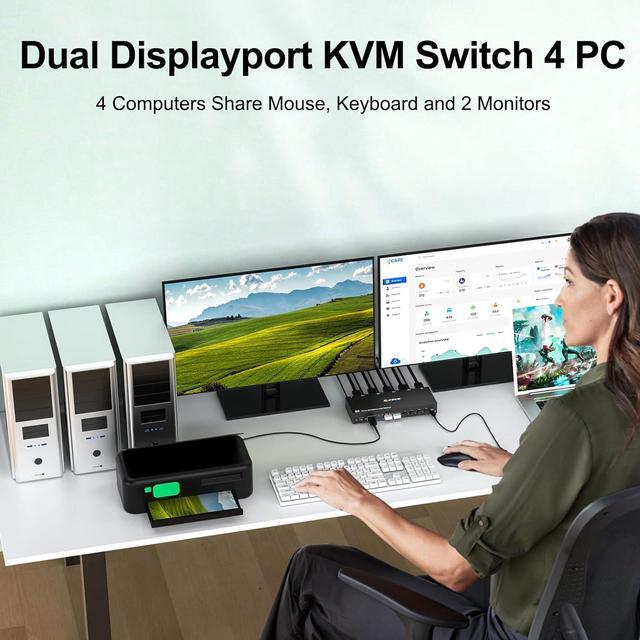 Hitoor 8K DisplayPort KVM Switch 2 Monitors 4 Computers Dual Monitor KVM Switch Displayport USB 3.0 Support 8K 30Hz 4k 144Hz For 4 Computer Share 2 Display Wired Remote And USB Cables Included