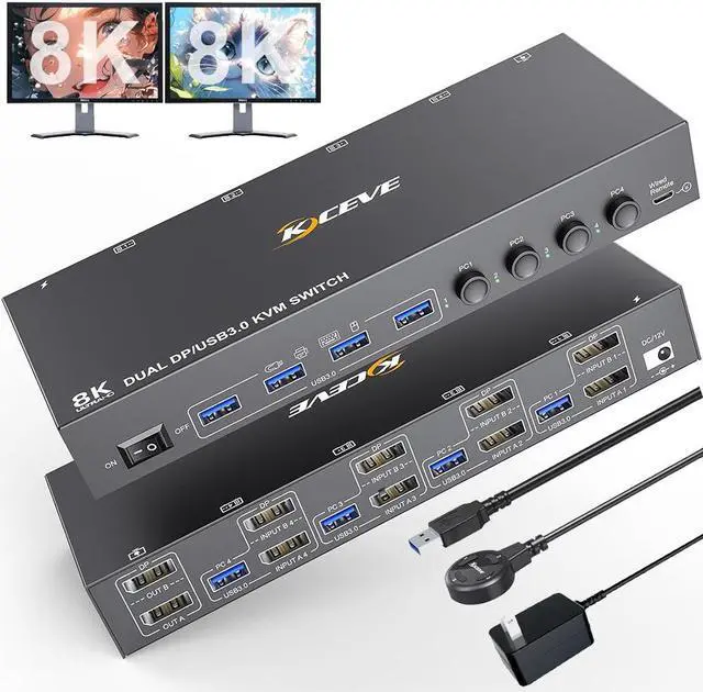 Hitoor 8K DisplayPort KVM Switch 2 Monitors 4 Computers Dual Monitor KVM Switch Displayport USB 3.0 Support 8K 30Hz 4k 144Hz for 4 Computer Share 2 Display Wired Remote and USB Cables Included