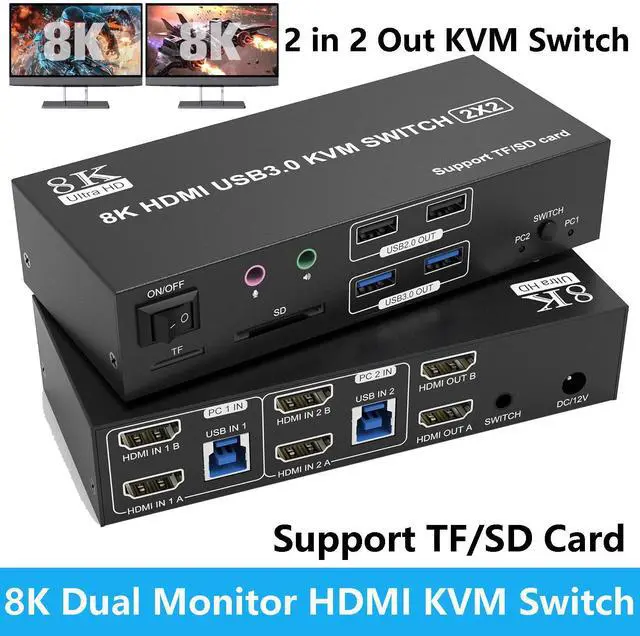 Hitoor 8K Dual Monitor HDMI KVM Switch 2 Monitors 2 Computers 8K 60Hz 4K 120Hz 2 in 2 Out HDMI KVM Switcher for 2 PCs Share 2 Monitor 4 USB Devices Audio Microphone and SD TF Card Wired Controller