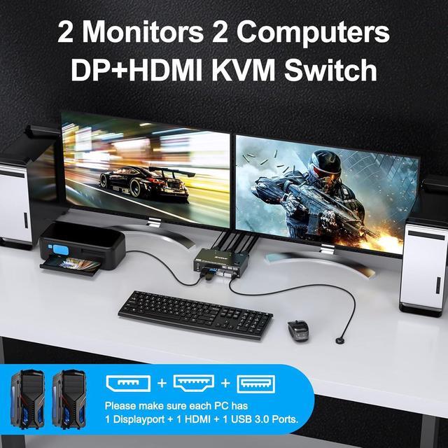 Hitoor 8K Dual Monitor KVM Switch Supports 8K 60Hz/4K 144Hz DisplayPort & HDMI KVM Switches For 2 Computers Share 2 Monitors USB 3.0 Hub With 4 Ports Includes 1.5M Remote Control & 12V Power Supply