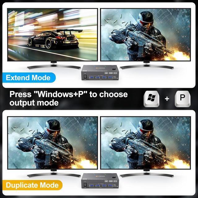 Hitoor 8K Dual Monitor KVM Switch Supports 8K 60Hz/4K 144Hz DisplayPort & HDMI KVM Switches For 2 Computers Share 2 Monitors USB 3.0 Hub With 4 Ports Includes 1.5M Remote Control & 12V Power Supply