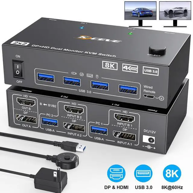 Hitoor 8K Dual Monitor KVM Switch Supports 8K 60Hz/4K 144Hz DisplayPort & HDMI KVM Switches for 2 Computers Share 2 Monitors USB 3.0 Hub with 4 Ports Includes 1.5M Remote Control & 12V Power Supply