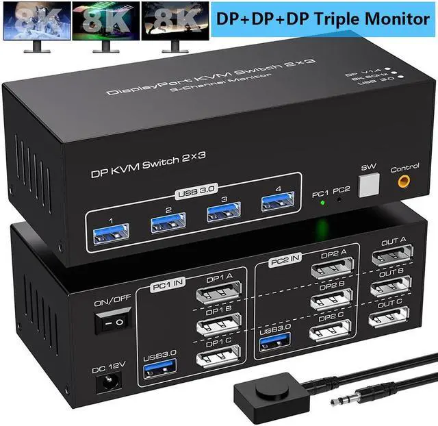 Hitoor 8K KVM Switch 3 Monitors 2 Computers Displayport 4K 144Hz USB 3.0 KVM Switches DP 1.4 Triple Monitor Switch for 2 PCs with 4 USB Ports Support Extended & Copy Mode Wired Controller Included