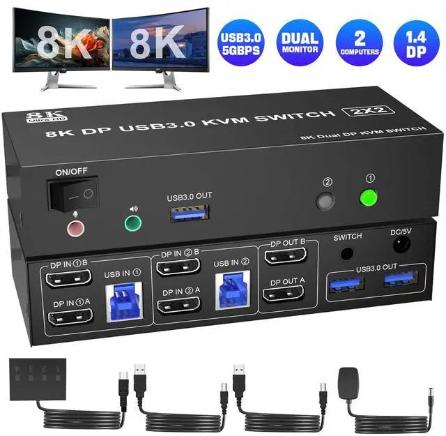 Hitoor 8K USB3.0 DisplayPort KVM Switch 2 Computers 2 Monitors 8K 60Hz 4K 144Hz Dual Monitor Displayport KVM Switches with Audio Microphone Output and 3 USB 3.0 Ports with Desktop Controller