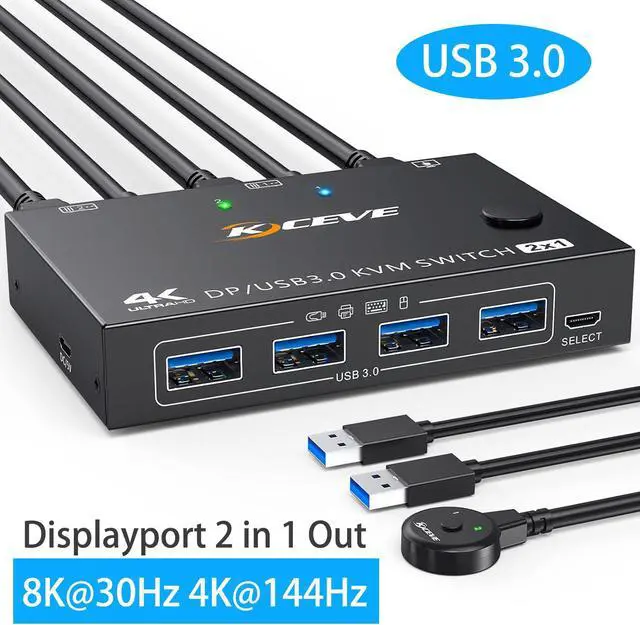 Hitoor Displayport KVM Switch 2 Computers 1 Monitor USB 3.0 KVM Switch Displayport 8K 30Hz 4K 144Hz DP KVM Switch 2 PC 1 Monitor Share 4 USB 3.0 Devices Keyboard Mouse Monitor with Wired Remote