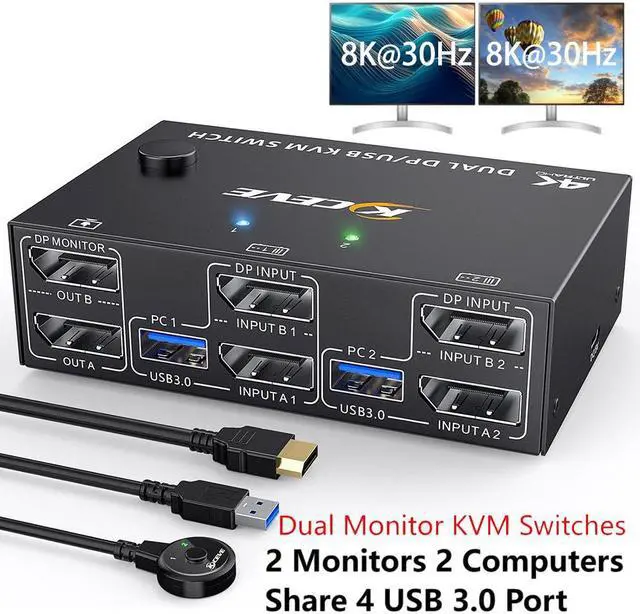 Hitoor Displayport KVM Switch 2 Monitors 2 Computers 8K 30Hz 4K 144Hz USB 3.0 Dual Monitor KVM Switches Displayport 1.4 2 in 2 Out with 4 USB 3.0 Port for USB Device Wired Remote and 4 Cable Included